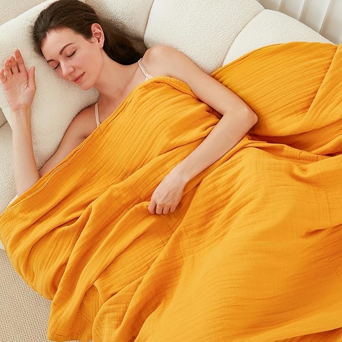 EMME Muslin Blankets for Adults Throw Blanket for Couch Breathable Gauze Soft Lightweight Airy Mustard Yellow Queen 90" x 90"