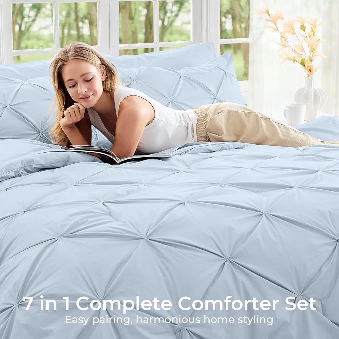 Sasttie Oversized King Comforter Set, 7-Piece Bed in a Bag, Pintuck Bedding Sets for All Season, Includes Comforter, Flat Sheet, Fitted Sheet, Pillowcases and Pillowshams, Light Blue