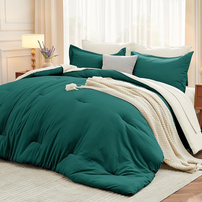 7 Pieces Full Comforter Set, Soft Bed in a Bag Full Size, All Season Bedding Set with Comforter, Flat Sheet, Fitted Sheet, Pillowcases & Shams, Peacock Blue & Ivory