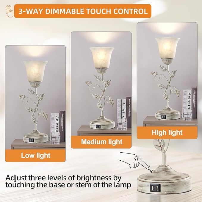 Rustic Touch Table Lamp for Bedroom with 2 USB C+A Ports | 3-Way Dimmable Nightstand Lamp, Retro Vintage White Glass Shade Leaf Desk Lamp for Living Room Entryway, LED Bulb Included