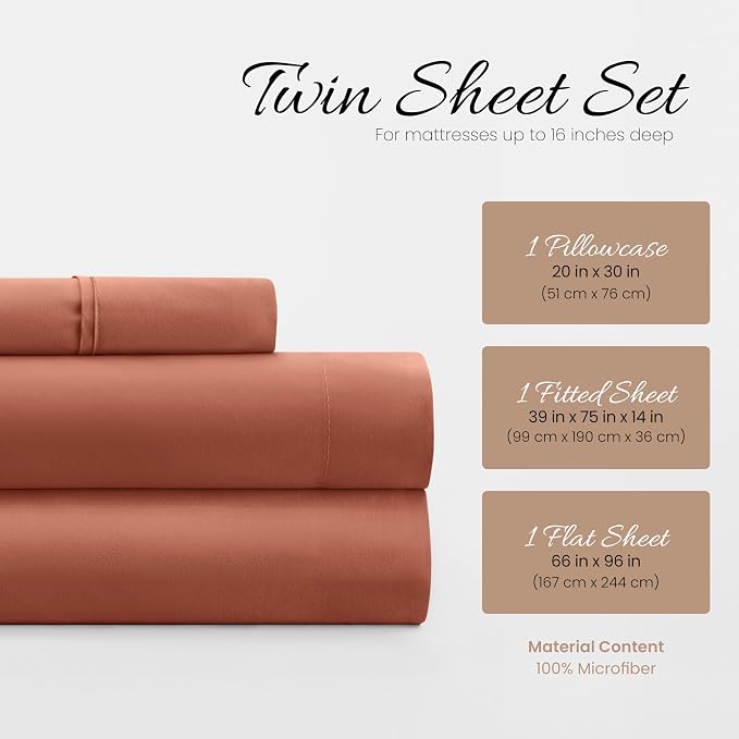 Linen Market Bed Sheets for Twin Size Bed (Clay) - Sleep Better Than Ever with These Soft and Cooling Twin Sheets - Deep Pocket Fits 16" Thick Beds - 4 Piece Twin Sheet Set