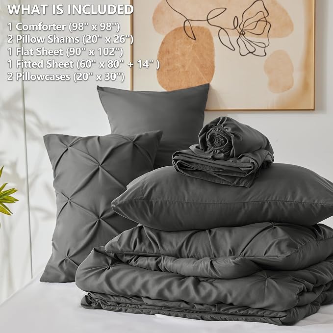 HIMEET Oversized Queen Comforter Set Dark Grey - 7 Pieces Bed in a Bag | OEKO-TEX Certified, 240GSM Down Alternative Comforter, 14" Deep Pocket Fitted Sheet + Flat Sheet + 2 Pillowcases + 2 Shams