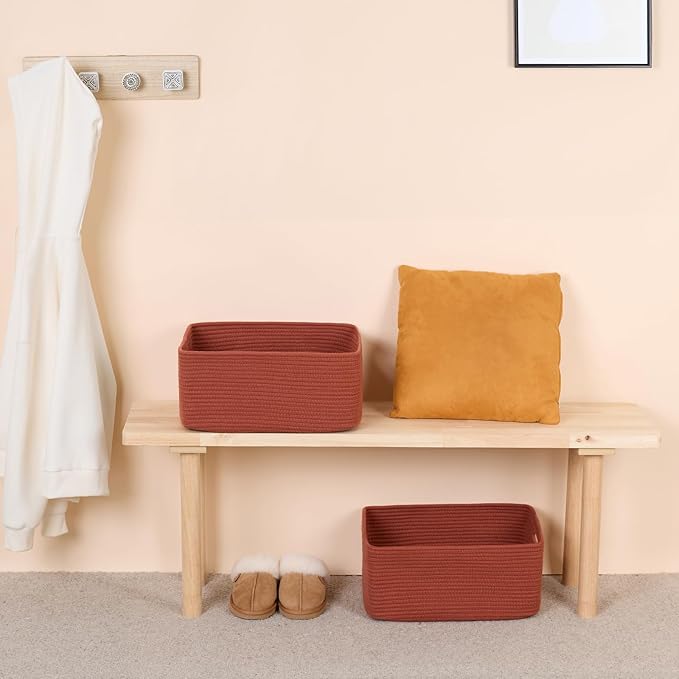 MiniArk Large Storage Baskets for Shelves, 17 x 13 x 7.5” Closet Organizers Bins for Clothes Blanket Towels, Baby Nursery, Toy Baskets Box, Woven Rope Baskets, 3 Packs Oxide Red