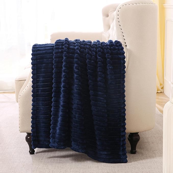 Navy Blue Fleece Throw Blanket 50”×60” for Couch Sofa Livingroom | Super Soft Cozy Plush Microfiber Flannel Bed Blanket Striped Design Lightweight Home Decor Gifts for Adults Mom Women