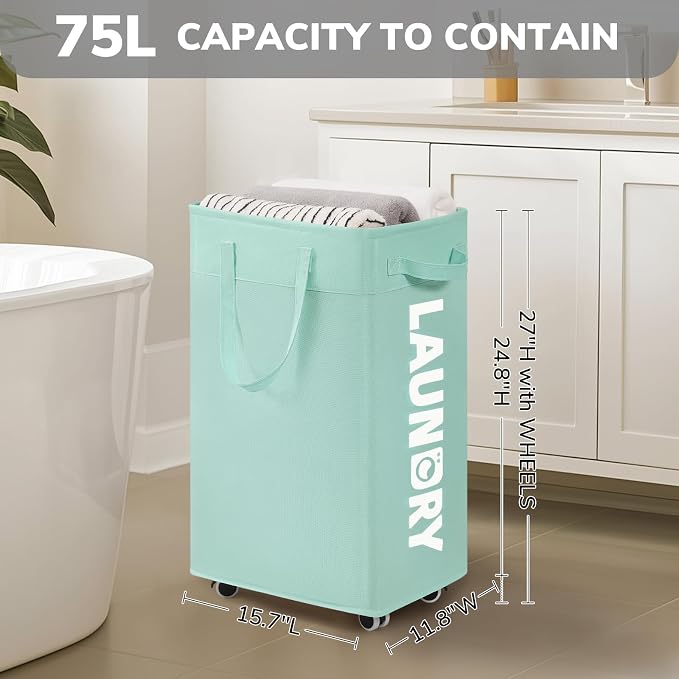 Goodpick 2-Pack Rolling Laundry Basket with Removable Wash Bag, 75L | Large Laundry Basket with Wheels and Handle for Dirty Clothes, Fodable Hamper for College Dorm,Blue