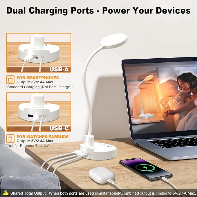 15W LED Desk Lamp with USB Charging Ports, [Button & Remote Control] Dimmable Table Lamp with 3 Color Modes, 5 Brightness Levels, 4 Timers, Flexible Reading Light for Home Office, Bedroom, Kids Study