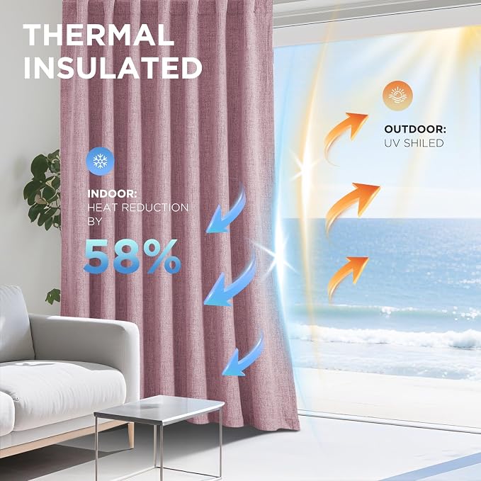 Joydeco Linen Blackout Curtains for Bedroom - 100% Light Blocking 1 Panels, Pink Drapes 100" W x 84" L, Thermal Insulated Room Darkening Curtains for Living Room, Rod Pocket & Back Tabs