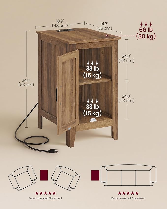 VASAGLE LIRY Collection - End Table with Charging Station, Narrow Side Table with Storage Cabinet, Nightstand for Bedroom, Home Office, Warm Brown ULET131K101S