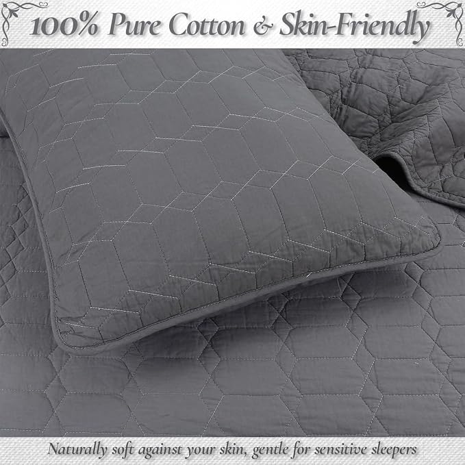 Cozy Line Home Fashions 100% Cotton Quilt Set – 3-Piece Charcoal Gray Solid Classic Modern Geometric Quilted Bedspread with Shams, Lightweight All Season Modern Bedding (Hexagon Gray, Queen)