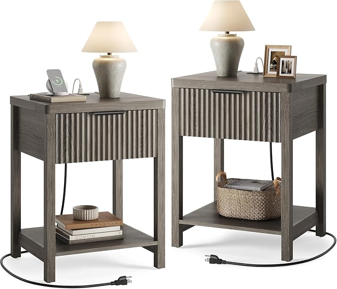 Night Stand Set 2, Fluted Wood Nightstands w/Charging Station for Bedroom | Dark Grey, Storage Drawer, Open Shelf, Metal Silent Rails, Round Corners, Modern Fluted Panel, Living Room, Bedside Table