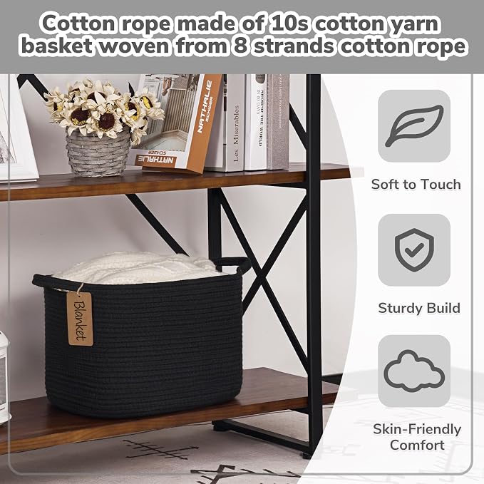 Goodpick Woven Rope Storage Basket for Shelves, Rectangle, Black | 13" × 10" × 9" Stylish Gift Basket for Home Decor, Cotton Rope Baskets for Toys, Towels & Books Storage, Reinforced Handles