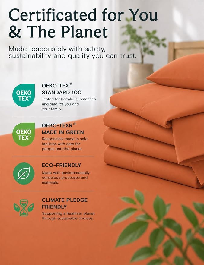 LuxClub King Size Sheets Set, Deep Pocket King Sheets Bed Sheets 4PC, Cooling Sheets King Sized Breathable, Soft Hotel Luxury Bedding Wrinkle Free, Silky Fitted Sheet & Pillowcase Sets, Autumn Orange | LuxClub Silky Fitted Sheet & Pillowcase Sets, Brea...