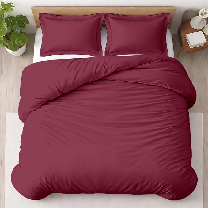 3 Pc 120" x 98" Duvet Cover Set Oversized King 100% Egyptian Cotton - 600 Thread Count Comforter Cover, Zipper Closure & Corner Ties - Fits Large King Inserts - Red Burgundy