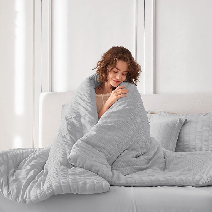 7 Pieces King Comforter Set, Seersucker Bed in a Bag King Size, All Season Luxury Bedding Set with Comforter, Flat Sheet, Fitted Sheet, Pillowcases & Shams, Light Grey