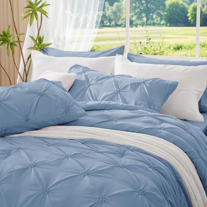 BEDELITE Queen Comforter Set Cornflower Blue,Lightweight & Soft Comforter | Pintuck Boho Bedding, Warm & Cute Bed Set for All Season,With 2 Pillowcases
