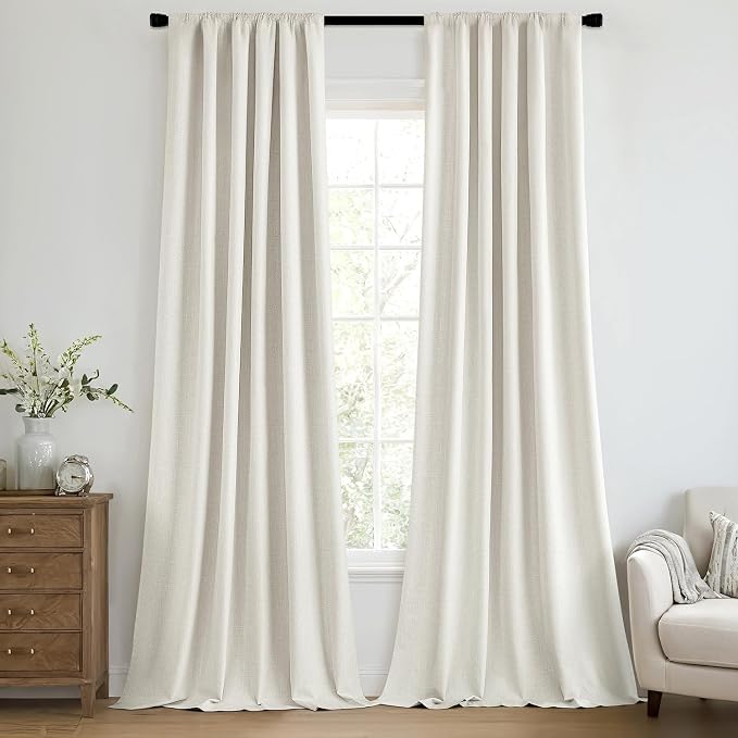 MIULEE 100% Blackout Back Tab Pleat Linen Curtains 50" Wx72 L,Ivory | 2 Panels,Thick Faux Linen,Floor to Ceiling,with Hooks,for Bedroom Living Room,Black Out,Room Darkening