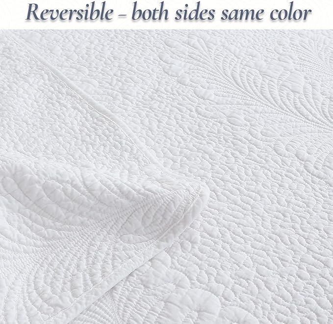 Cozy Line Home Fashions White Cotton Quilt Set Queen – 3-Piece Quilted Botanical Stitch Bedspread with Shams, Elegant All Season Bedding