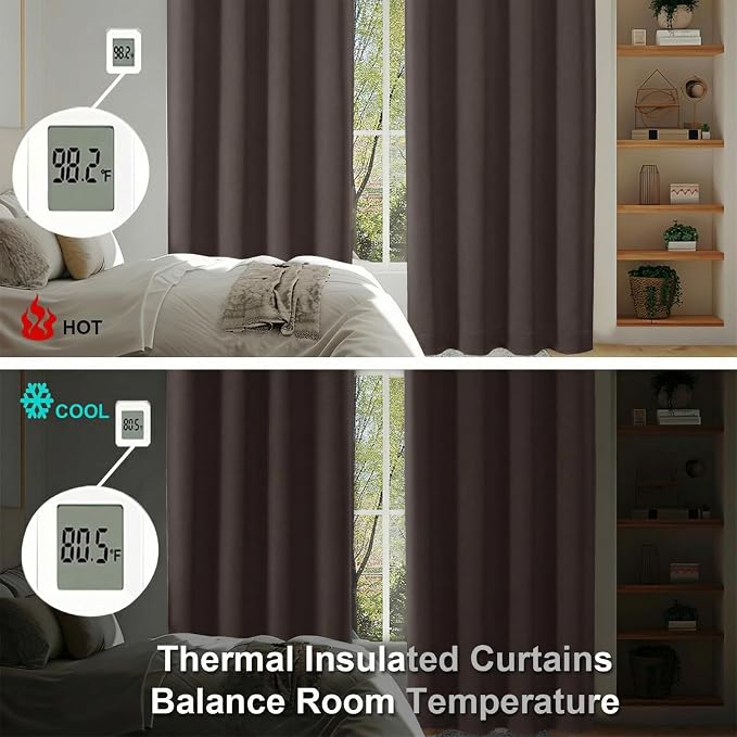 Simplebrand Ava Chocolate Blackout Curtains for Bedroom 63 Inch Length 2 Panels Set, Privacy Thermal Insulated Rod Pocket Door Window Curtains for Patio French Door Front Door, W40 x L63 Inch
