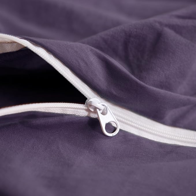 NEXHOME PRO 100% Washed Cotton Duvet Cover Twin Size, Ogranic Natural Linen Feel Breathable Bedding Set with Zipper Closure, 2 Pieces Includes 68x90 Inch Cover & 1 Pillowcases Eggplant (No Comforter)