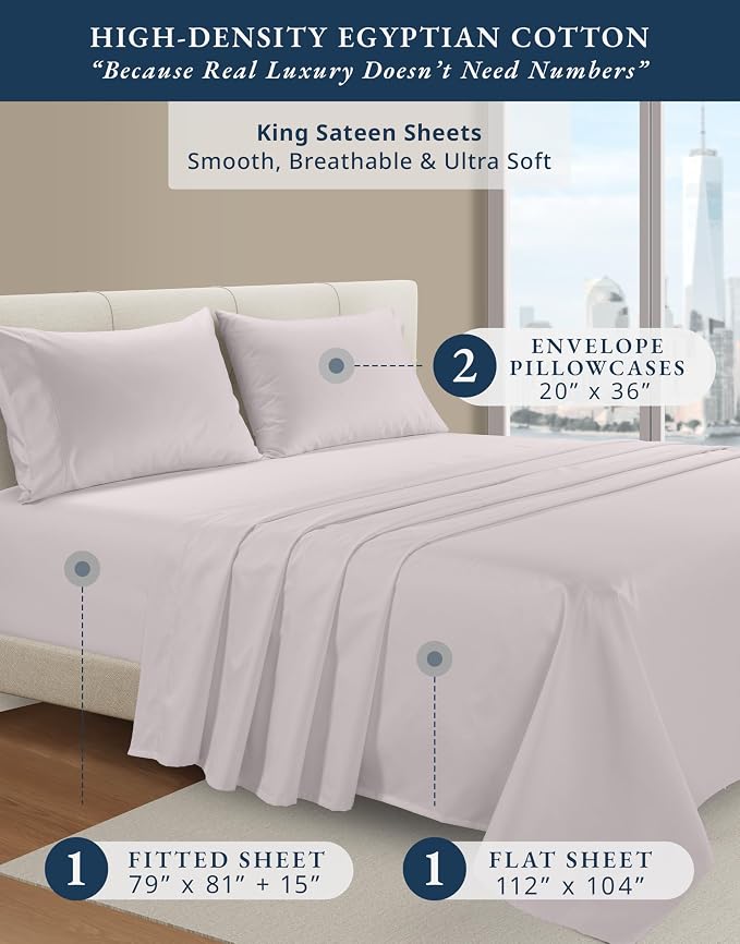 LANE LINEN King Size Deep Pocket Sheets Egyptian Cotton Sateen - Grey Lilac | King Bed Sheet Set - 4-Piece Set, For A Luxurious Night's Sleep, For A Silky Hotel-Style Bed, Guest-Ready Comfort