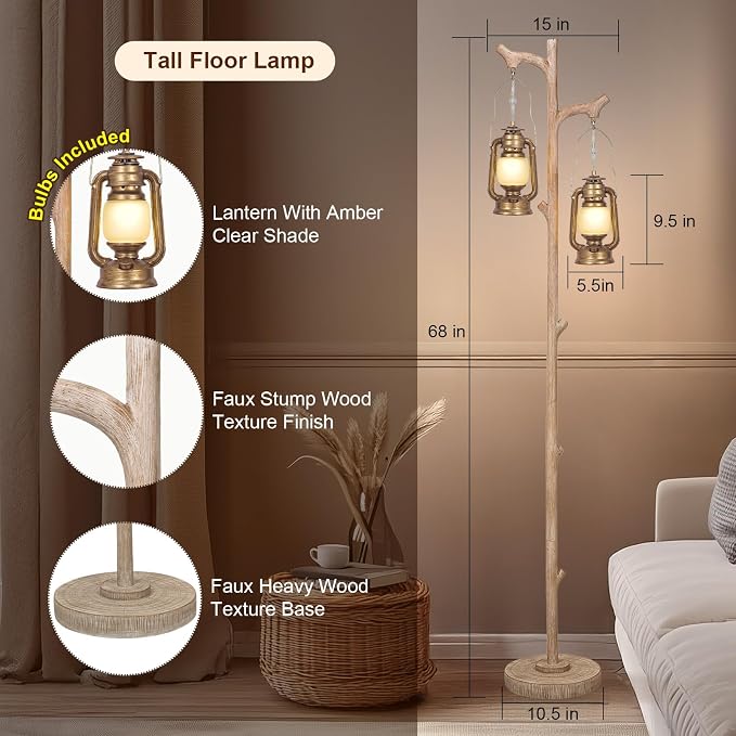 Scenekoy Vintage 68” Tall Resin Floor Lamp with Lanterns, Dimmable | Antiques Tree Trunk Finish Retro Standing Lamp, Stand Up Corner Lamp with Bulb Prefer for Living Room Bedroom Home Decor