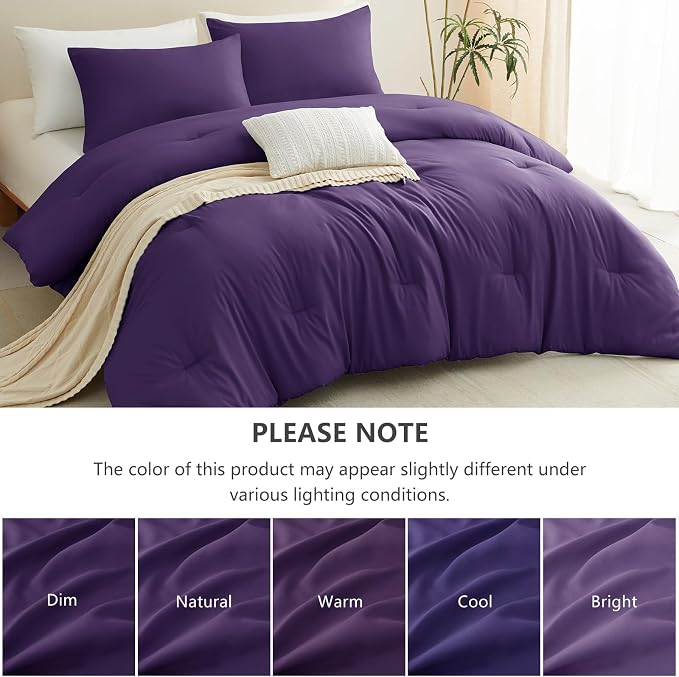King Comforter Set, 3 Pieces Down Alternative Bedding, Purple | 270 GSM All Season Comforter with 4 Corner Ties for Use as a Duvet Insert, OEKO-TEX Certified, 2 Pillowcases, 102 x 90 in