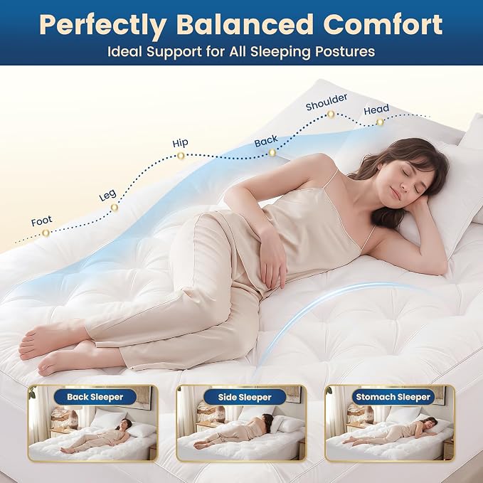 4 Inch Memory Foam Mattress Topper Queen Size for Back Pain Relief | Quilted Pillow Top Fitted Mattress Pad with 360° All-Around Elasticized Pocket, 6-21" Deep Pocket