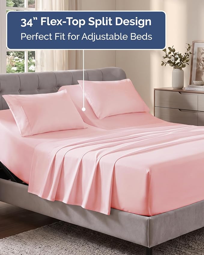 Flex Top Split Head King Sheet Set - 4 Piece Extra Deep Sheets - Baby Pink | Easily Fits 18 to 24 inch Mattress, Ultra Soft, Wrinkle & Fade Free with Extra Deep Pockets, Comfy Hotel Luxury Bedding