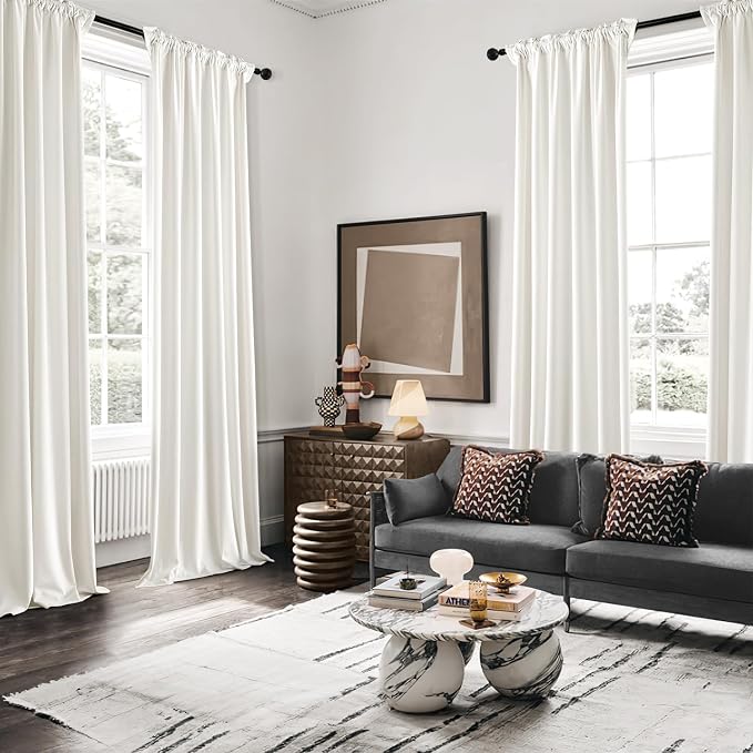 MIULEE Velvet Curtains 50W x 102L 2 Panels Ivory Blackout Curtains | Luxury velvet fabric, pinch pleat design, back tab hooks, thermal insulated, blackout light blocking, for living room bedroom