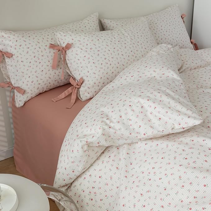 mixinni White Flower Pattern Duvet Cover Full Pink Floral Stripes Duvet Cover Set 100% Cotton Bedding Set with Zipper Ties Bow Tie Pillowcases, Easy Care, Ultra Soft and Breathable-Full Size