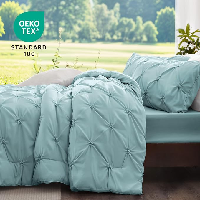 BEDELITE Queen Comforter Set Dusty Blue,Lightweight & Soft Comforter | Pintuck Boho Bedding, Warm & Cute Bed Set for All Season,With 2 Pillowcases