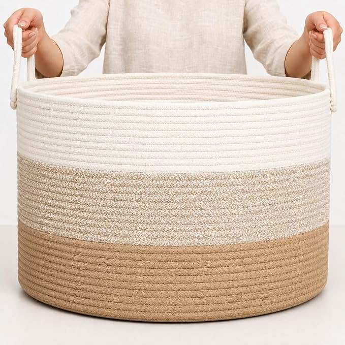 OrganiHaus Round Toy Basket & Blanket Basket, Cotton Rope 20x13" | 3-Toned Honey - Round Cotton Rope Basket, 20x13"