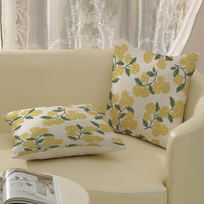 Mustard Yellow Outdoor Pillow Covers 24x24 Inch 2 Pcs Green Hydrangea Flower Decor Throw Pillows Spring Summer Seasonal Vintage Floral Decoration Pillowcase Linen Cushion Cover for Couch Sofa