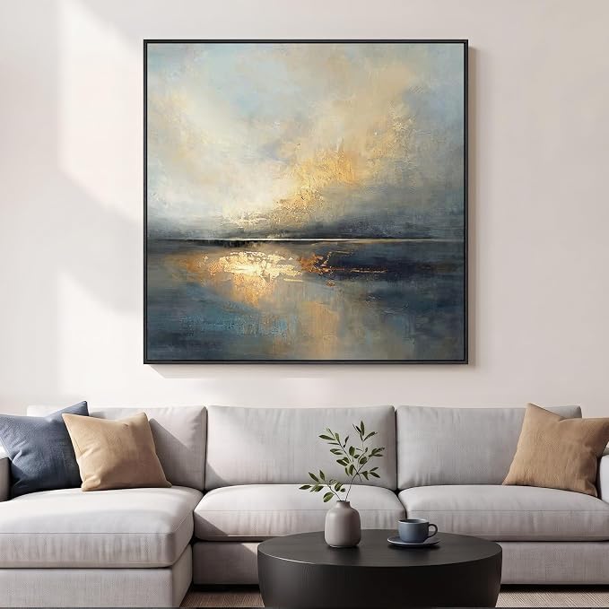 Extral Large Framed Abstract Landscape Wall Art for Living Room, 48x48 In | Oversized Canvas Prints, Neutral Minimalist Pictures, Blue Gray, Gold, Black Frame, Square Paintings, Dining Room Wall Decor