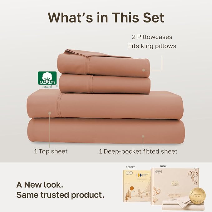 California Design Den 100% Cotton Sateen California King Sheets Set | 400 Thread Count Backed by Good Housekeeping Seal, 16" Deep Pocket, All-Around Elastic, Durable, Easy Care - Fresh Clay