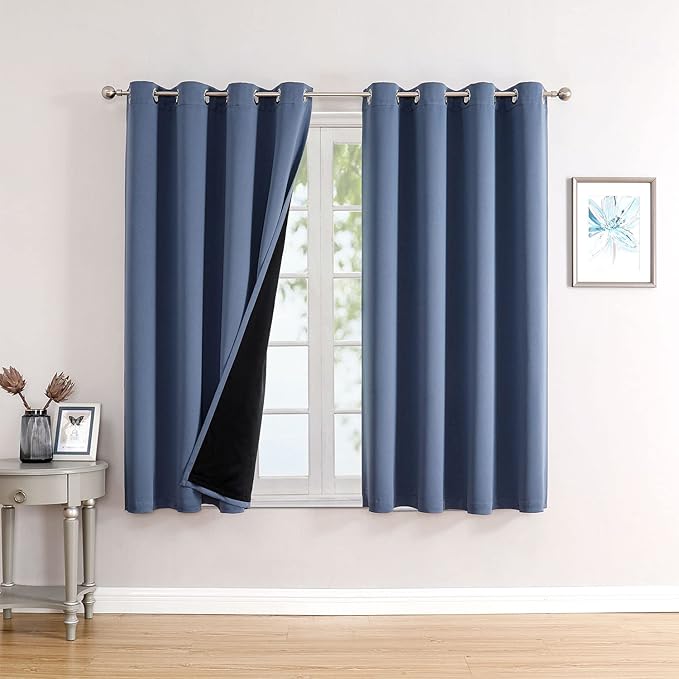 ChrisDowa 100% Blackout Curtains for Bedroom 2 Panels Set with Black Liner | 2 Thick Layers, Thermal Insulated, Light Blocking, Grommet, Window Treatment, Living Room Drapes, Stone Blue, 52 x 45 Inch