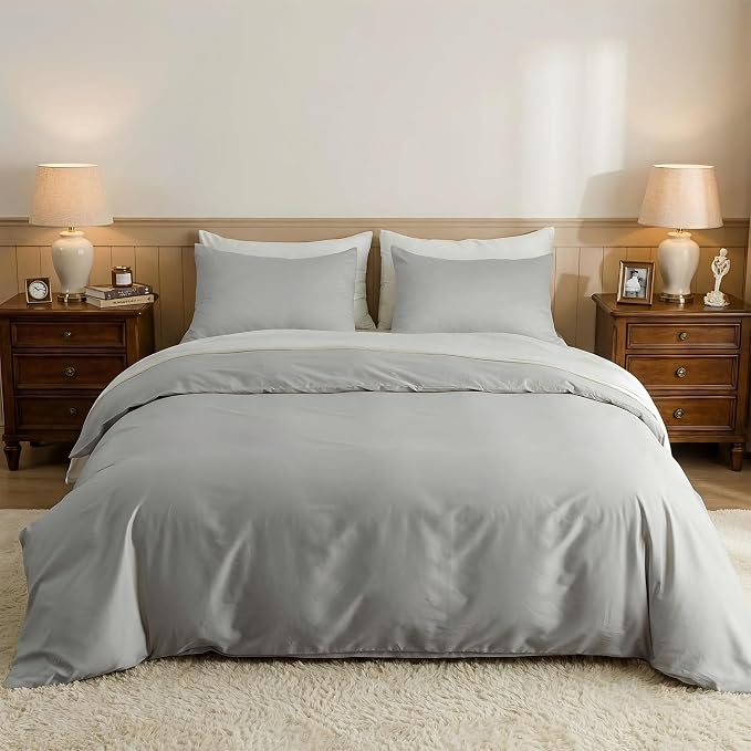 HeimenAogo Egyptian Cotton Duvet Cover Full Sateen Weave, Silky Soft and Breathable Bedding Set with Zipper Closure, Long Staple Cotton Bed Linen Moonlight Grey 3Pcs (80"×90")