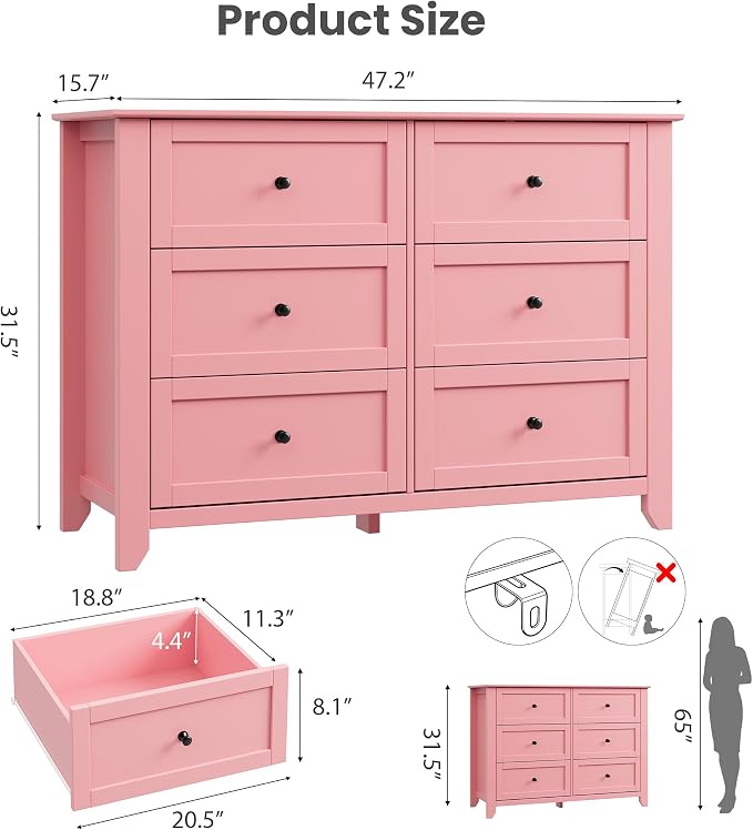 Garvee 6 Drawer Dresser for Bedroom, 47.2" Wide Modern Large Chest of Drawers with Metal Knobs, Wooden Clothes Storage Organizer for Closet, Nursery, Living Room, Apartment, Pink | Lacquered Finish, Metal Knobs, Clothes Storage Organizer for Closet, Nu...