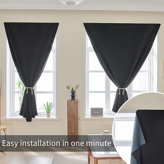 AJAZZ Self Adhesive Curtains 100% Blackout Shades Window Cover Sticky Curtain Portable Easy Open Black Out Curtains for Bedroom Living Room No Drilling (Black, 47" W x 96" L 1 Panel)