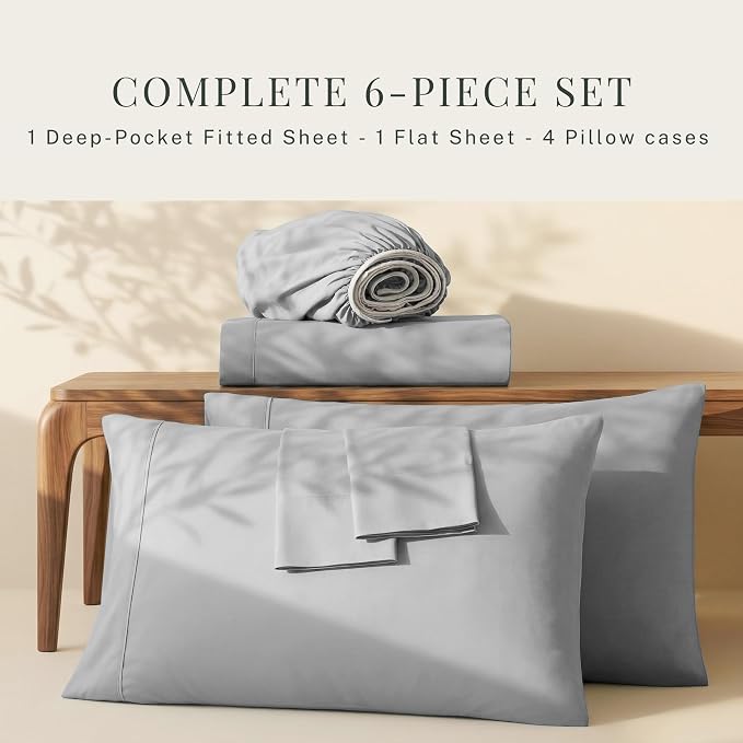 Hearth & Harbor Extra Deep Pocket Sheets - Fits Mattress 18-24 Inches Deep - Extra Deep Pocket California King Size - 6 Piece Cal King Sheets - Cal King, Silver