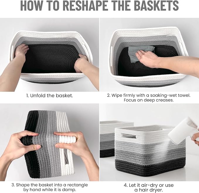 5 Pack Woven Storage Baskets, Decorative Storage Bins for Organizing | 13.8'' × 9.8'' × 7.9'', Cotton Rope Basket Organizer for Closet, Shelves, bathroom, Toys, Books, Pantry, Black/White Ombre