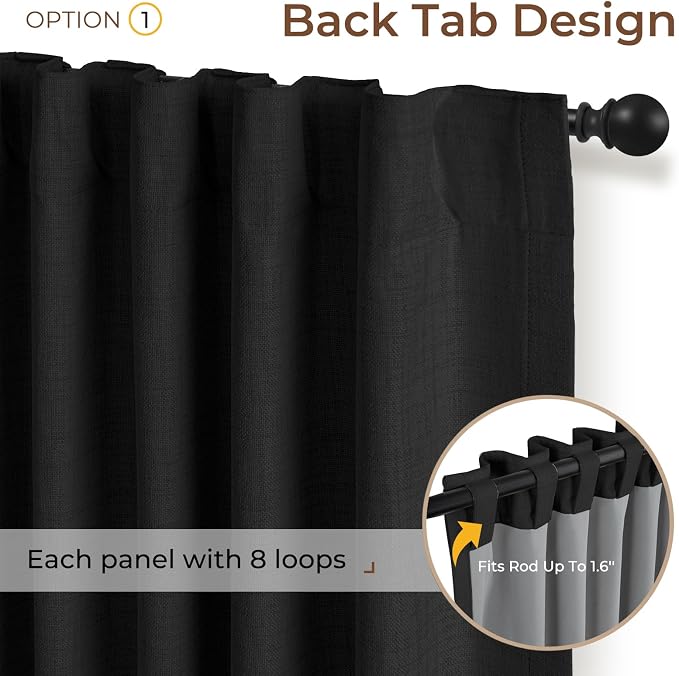 INOVADAY 100% Blackout Linen Curtains for Bedroom 50x102 Inches Black | Linen Textured, Light Blocking, Room Darkening, Thermal Insulated, Back Tab Top, Window Curtains for Living Room, 2 Panels