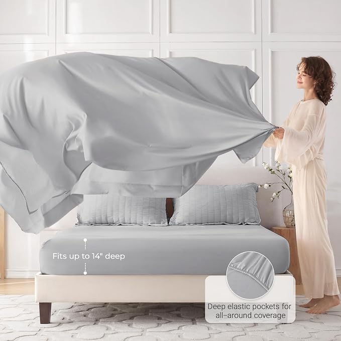 7 Pieces King Comforter Set, Seersucker Bed in a Bag King Size, All Season Luxury Bedding Set with Comforter, Flat Sheet, Fitted Sheet, Pillowcases & Shams, Light Grey