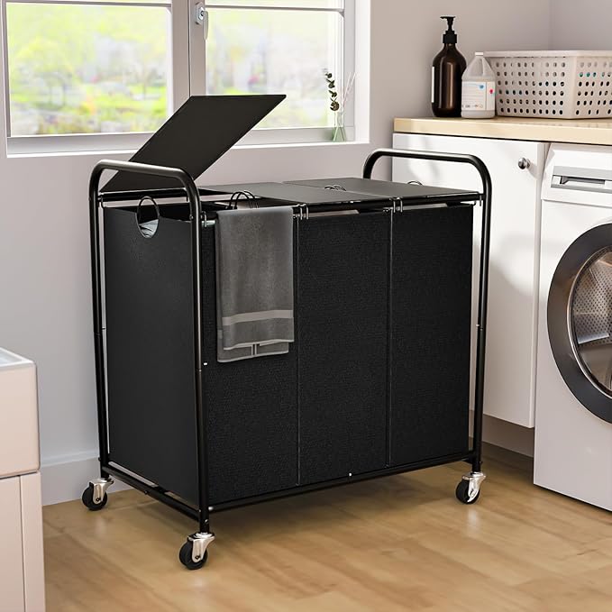 180L Laundry Sorter 3 Section, Rolling Laundry Basket with Wheels and Lid | 47.55 Gal Laundry Hamper, 3 Separated Removable Bags, Lockable Wheels, Dirty Clothes Hamper for Laundry Room Organizer, Black