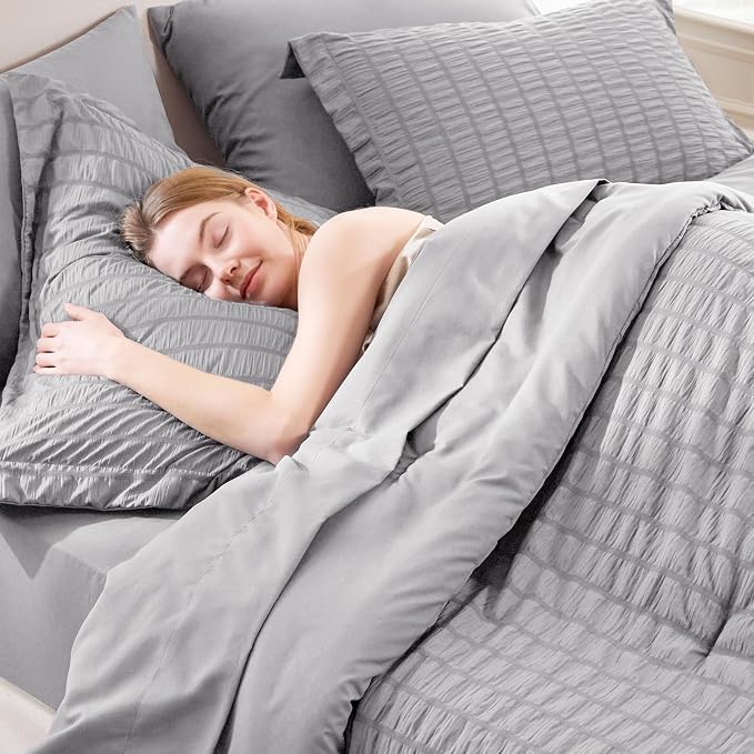 Queen Comforter Set, 7 Pieces Grey Seersucker Bed in a Bag | OEKO-TEX Certified, All Season Bedding Set with 240 GSM Down Alternative Comforter, Flat & Fitted Sheets, Pillowcases & Shams