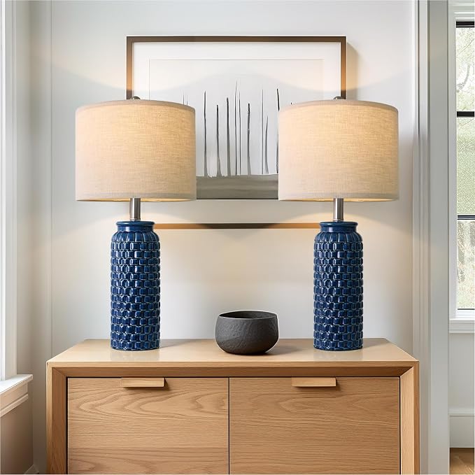USumkky 24 inches Modern Ceramic Dark Blue Bedside Lamp Set of 2 for Bedroom Decor Farmhouse Table Lamp for Living Room Office Dorm