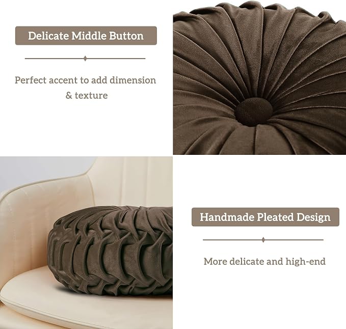 HIG Set of 2 Chocolate Velvet Decorative Round Pleated Throw Pillows | Vintage Floor Pillows, Classy Accent Pumpkin with Center Button, for Sofa Couch Vanity Chair Bed, 14.5" Diameter