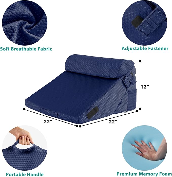 3Pcs Orthopedic Bed Wedge Pillow Set, Foam Wedge Pillow Post Surgery for Back, Leg and Knee Support, Adjustable 9&12 Inch Folding Triangle Pillow for Sleeping, Acid Reflux, Snoring, Navy