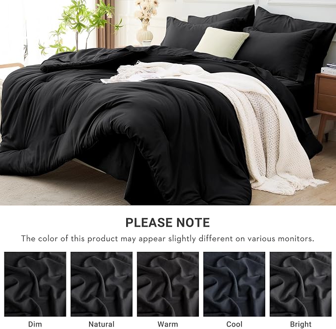 7 Pieces Full Comforter Set, Soft Bed in a Bag Full Size, All Season Bedding Set with Comforter, Flat Sheet, Fitted Sheet, Pillowcases & Shams, Black