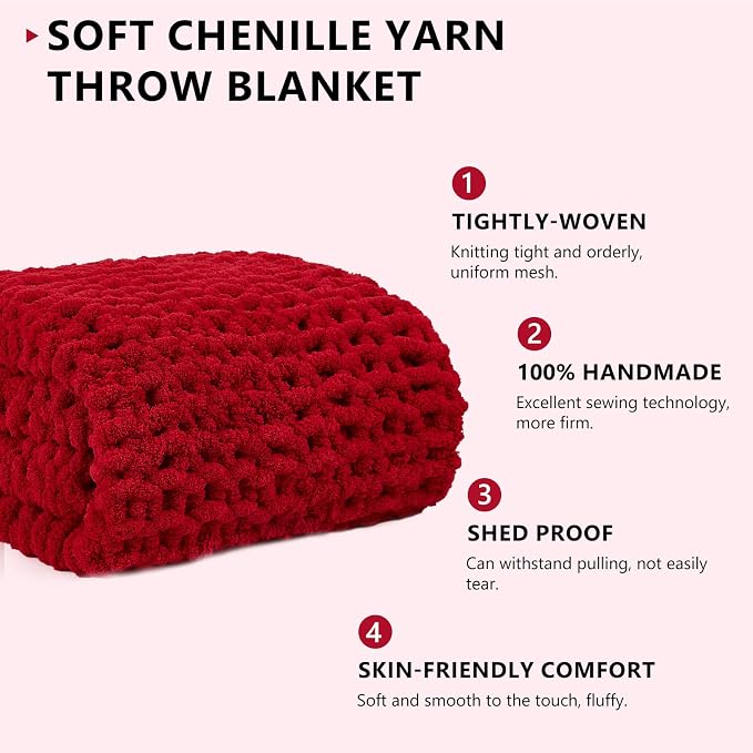 L'AGRATY Chunky Knit Throw Blanket for Couch, 72'' x 84'' Knit Throw, Red | Handmade Chenille Crochet Blanket for Sofa Bed, Thick Cable Knitted Blankets for Room Home Decor, Birthday Gift for Women Mom